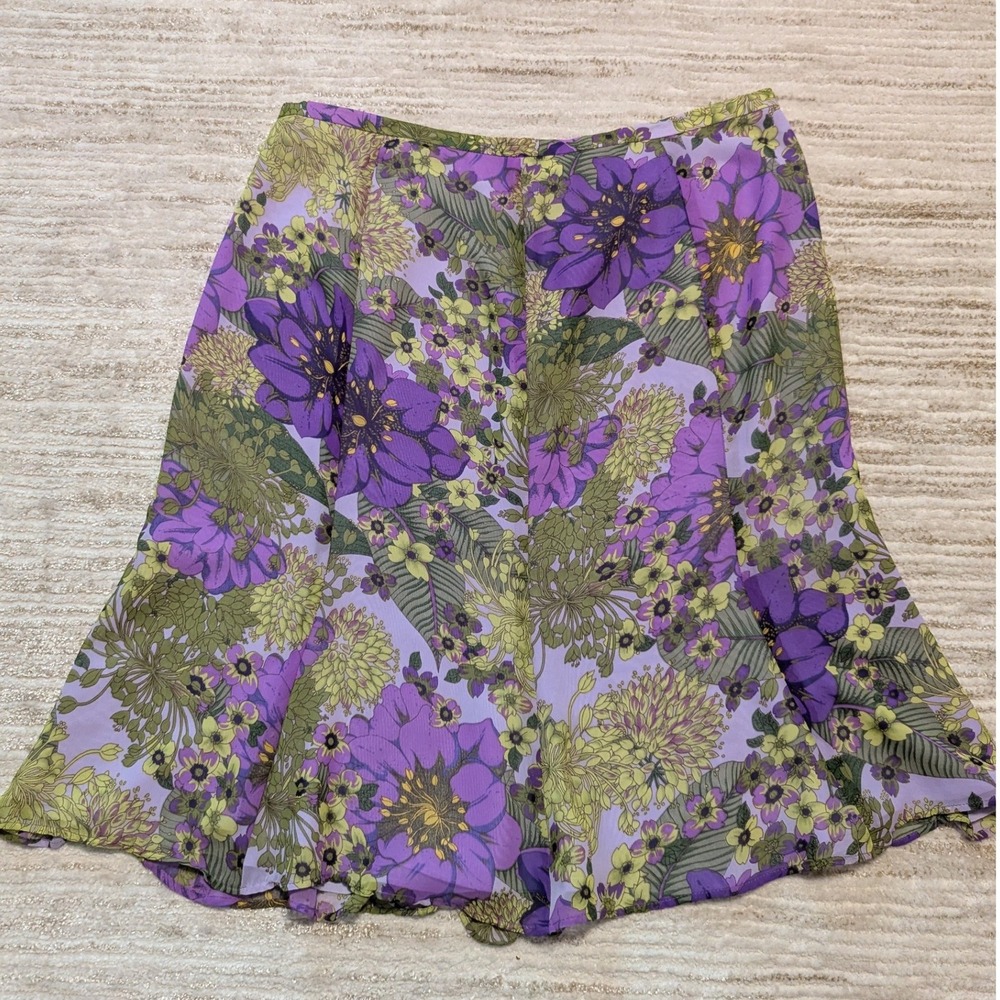 Norton McNaughton Floral Skirt Sz 16 Purple Green Sheer Overlay Whimsigoth Fairy